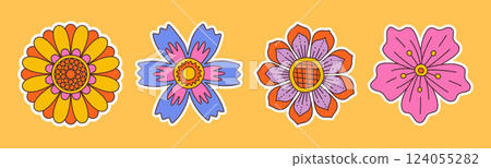 Contemporary fun groovy floral set. Hand drawn trendy flat style isolated simple naive flowers Contemporary fun groovy floral set. Hand drawn trendy flat style isolated simple naive flowers 124055282