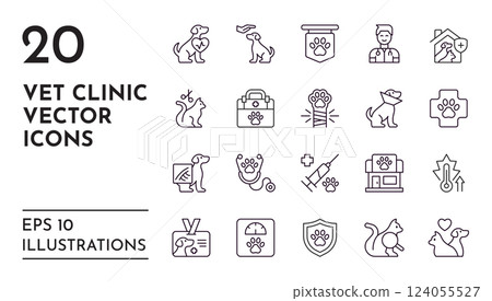 Pet icons. Vet clinic. Veterinary shop. Medical hospital for domestic animals. Syringe and pills. Medicine symbols. Dog and cat care. Health checkup sign. Vector line pictograms set Pet icons. Vet clinic. Veterinary shop. Medical hospital for domestic animals. Syringe and pills. Medicine symbols. Dog and cat care. Health checkup sign. Vector line pictograms set 124055527