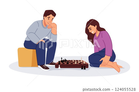 Home board games. Couple playing chess. Players think about checkmate strategy. Man and woman sitting on floor with chessboard. Rook and pawn pieces. Friends challenge. Vector concept 124055528