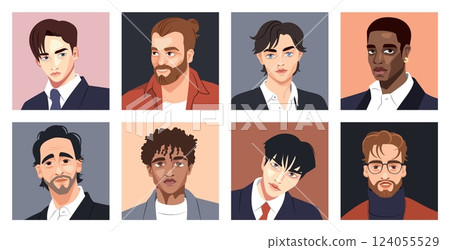 Man face. Serious african guy portrait, young men human head or asian human, black american office. Young businessmen in elegant suit various haircut. Cartoon flat isolated vector set Man face. Serious african guy portrait, young men human head or asian human, black american office. Young businessmen in elegant suit various haircut. Cartoon flat isolated vector set 124055529