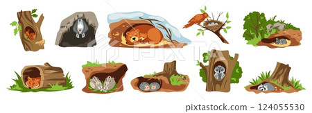 Animal on tree. Forest bird nest. Hollow as owl house. Nature creatures sleep in burrows. Woodland cave. Foxes or bears dream in dens. Squirrel in trunk hole. Vector mammal homes set 124055530