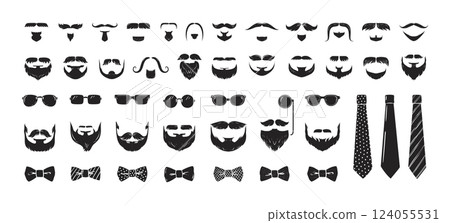 Beard icon. Moustache, hair or glasses on man face, different tie, style curly head shape. Hipster male hairstyle black silhouette. Gentleman model. Barbershop isolated vector symbol set Beard icon. Moustache, hair or glasses on man face, different tie, style curly head shape. Hipster male hairstyle black silhouette. Gentleman model. Barbershop isolated vector symbol set 124055531