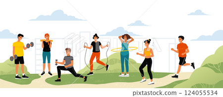 Sport exercise. Athletes workout. Street cardio training. Park turnstiles. Man and woman in gym. City fitness. Young persons stretching or weightlifting. Vector athletic people set 124055534