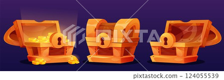 Open chest. 3d box, pirate gold or empty and full closed trunk. Wooden coffer with lock, magic light fantasy shine. Ancient trove. Golden coins. Medieval money isolated ui element. Vector icons 124055539
