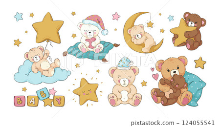 Cute bear. Baby shower for girl. Moon dream. Animals sweet sleep. Happy pink characters with nightcaps. Birthday star balloon. Plush toy on soft pillow or sky cloud. Vector cartoon set 124055541