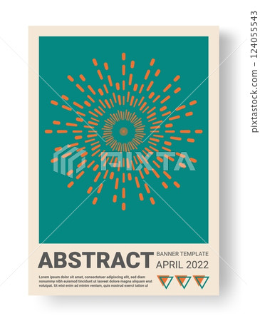 Graphic circle pattern. Abstract banner template. Creative contemporary background. Vertical poster design. Round sun on green. Minimalistic flyer or brochure, vector trendy illustration 124055543