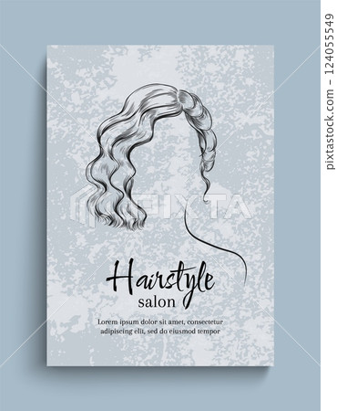 Hair sketch. Hairstyle salon. Female head. Woman haircut. Beauty treatment shop. Cosmetic spa service. Marketing promotion flyer engraving design. Vector hairdressing banner template Hair sketch. Hairstyle salon. Female head. Woman haircut. Beauty treatment shop. Cosmetic spa service. Marketing promotion flyer engraving design. Vector hairdressing banner template 124055549