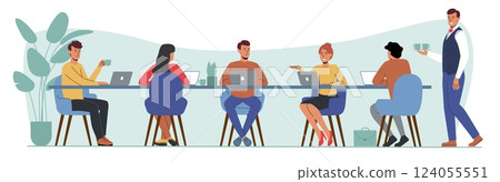 Man working at computer desk. People sitting at negotiation table with laptops. Colleagues brainstorm. Business discussion. Waiter with coffee for office workers. Vector cartoon concept 124055551