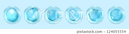 Water cell. 3D liquid round shape. Vitamin drop. Blue cosmetic molecule. DNA science sphere. Beauty soap for glass skin. Serum droplet. Collagen fluid bubble. Vector circle elements set Water cell. 3D liquid round shape. Vitamin drop. Blue cosmetic molecule. DNA science sphere. Beauty soap for glass skin. Serum droplet. Collagen fluid bubble. Vector circle elements set 124055554