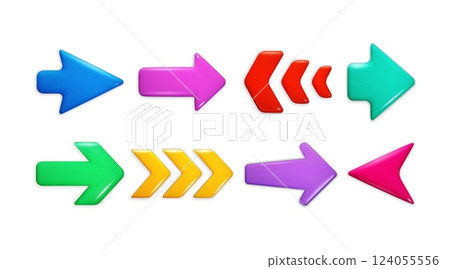 3d arrow. Down, right glass icon or cursor direction, next up or left render. Cute digital button. Isolated glossy color elements. Navigation digital pointing objects. Vector cartoon set 124055556