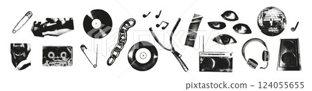 Halftone stipple music elements set. Vinyl record, mouth with microphone, cassette, speaker, radio, eyes, chain. Grunge punk dotted texture for y2k collage design. Retro photocopy vector illustration Halftone stipple music elements set. Vinyl record, mouth with microphone, cassette, speaker, radio, eyes, chain. Grunge punk dotted texture for y2k collage design. Retro photocopy vector illustration 124055655