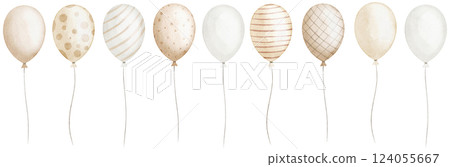 Watercolor illustration of a Balloon border with vintage pastel designs with various patterns. drawing of frame for party greeting cards or childish Birthday invitations. Art for celebration. 124055667