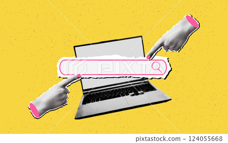 Trendy pop art collage search concept. Halftone laptop computer with search bar and cut out hands pointing on it on bold textured yellow background. Modern retro vector illustration mixed media design 124055668