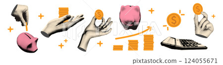 Trendy halftone art collage cut outs set. Paper clippings, hands holding money coins, piggy bank, calculator. Money savings concept vintage dotted stickers Modern retro mixed media vector illustration Trendy halftone art collage cut outs set. Paper clippings, hands holding money coins, piggy bank, calculator. Money savings concept vintage dotted stickers Modern retro mixed media vector illustration 124055671