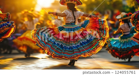 Elegant woman in embroidered folkloric outfit dances with energy, vibrant skirt flowing in golden light, surrounded by performers celebrating heritage. 124055761