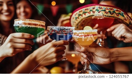 People toasting with colorful margaritas at festive Cinco de Mayo celebration. Salt-rimmed glasses and sombrero add to party atmosphere. 124055767
