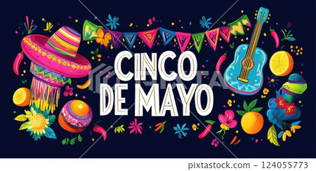 Vibrant Cinco de Mayo illustration against dark background. Features sombrero, guitar, maracas, and festive decorations. Bold colors and playful design. 124055773