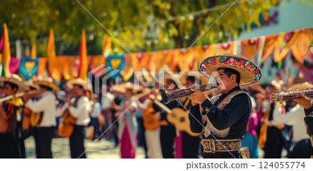 Vibrant community cultural festival in big city, featuring mariachi band performing for enthusiastic crowd. Stage decorated with Mexican flags and colorful banner. 124055774