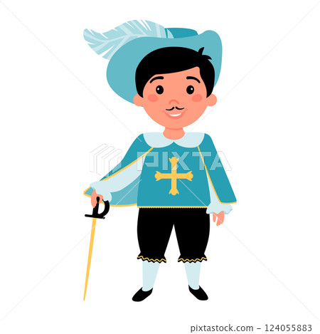 Boy dressed in a musketeer costume and holding a sword in his hands. Carnival, children's party. Vector illustration on a white background. 124055883