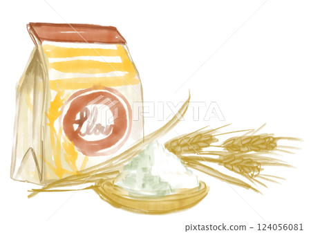 Watercolor illustration of flour and wheat, versatile ingredients for bread and other uses 124056081