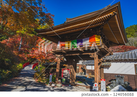 Scenery of the bell tower gate of Fumonji Temple surrounded by autumn leaves in Toyohashi City (Aichi Prefecture) 124056088