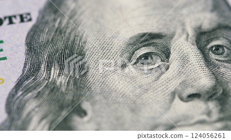 A detailed CloseUp view of a Hundred Dollar Bill showing the Federal Reserve Note clearly 124056261