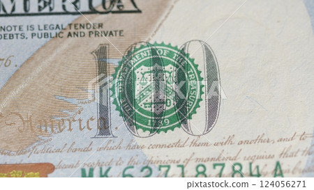 A Detailed CloseUp View of a One Hundred Dollar Bill Featuring the Seal of the Treasury Department A Detailed CloseUp View of a One Hundred Dollar Bill Featuring the Seal of the Treasury Department 124056271