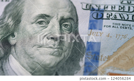 Detailed CloseUp of a Hundred Dollar Bill Featuring the Famous Benjamin Franklin Portrait 124056284