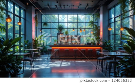 Minimalist Bar with Large Windows Surrounded by Greenery: A Concept of Ecological and Sustainable Living for Environmental Protection 124056353