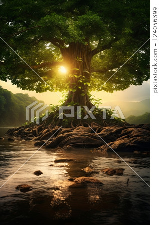 Old linden tree on autumn meadow. Large tree crown with lush orange foliage and thick trunk glowing by sunset light. Landscape photography 124056399