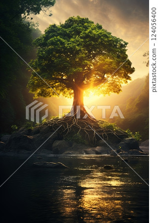 Old linden tree on autumn meadow. Large tree crown with lush orange foliage and thick trunk glowing by sunset light. Landscape photography 124056400
