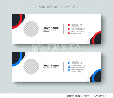 Creative Professional and minimalist business email signature or email footer layout template. Modern and Professional business email signature design blue and red color. 124056492