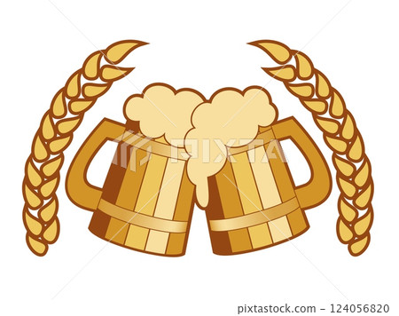 Two wooden beer mugs toasting, with beer foam Two wooden beer mugs toasting, with beer foam 124056820
