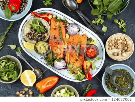 Raw salmon steak. Raw salmon steak. 124057002