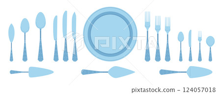 Cartoon Color Different Fancy Silver Cutlery Set with Table Knife, Spoon and Plate Concept Flat Design Style. Vector illustration Cartoon Color Different Fancy Silver Cutlery Set with Table Knife, Spoon and Plate Concept Flat Design Style. Vector illustration 124057018