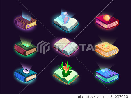 Cartoon Color Different Game Alchemy Books Set Concept Flat Design Style. Vector illustration of Magic Spell Book Cartoon Color Different Game Alchemy Books Set Concept Flat Design Style. Vector illustration of Magic Spell Book 124057020