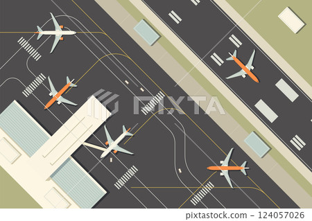 Cartoon Color Runway Strip with Aircraft Top View Scene Aviation Concept Flat Design Style. Vector illustration Cartoon Color Runway Strip with Aircraft Top View Scene Aviation Concept Flat Design Style. Vector illustration 124057026