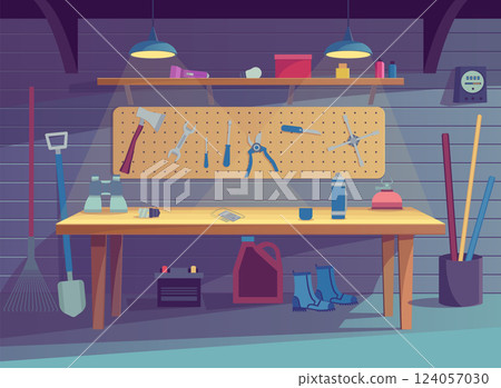 Cartoon Color Workshop Garage Interior Inside Scene with Mechanic Equipment Concept Flat Design Style. Vector illustration 124057030