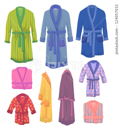 Cartoon Color Different Bathrobe Set Isolated on a White Background Concept Flat Design Style. Vector illustration Cartoon Color Different Bathrobe Set Isolated on a White Background Concept Flat Design Style. Vector illustration 124057032
