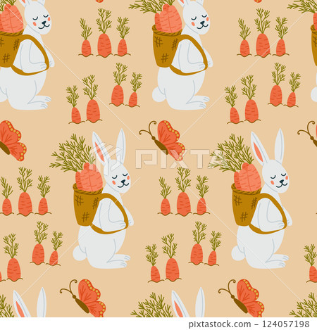 Seamless pattern with white rabbits and carrots Seamless pattern with white rabbits and carrots 124057198