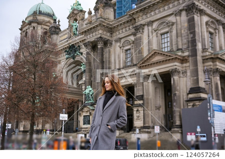 Stylish Woman Posing in Front of Berlin Cathedral  124057264