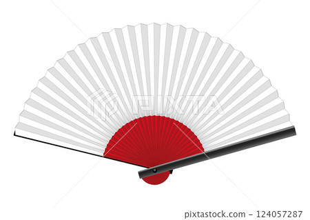 Japanese foldable hand fan depicting the rising sun. White paper handheld fan, called sensu, with the symbol of a red rising sun at the pivot, resembling the national flag of Japan. Isolated vector. Japanese foldable hand fan depicting the rising sun. White paper handheld fan, called sensu, with the symbol of a red rising sun at the pivot, resembling the national flag of Japan. Isolated vector. 124057287
