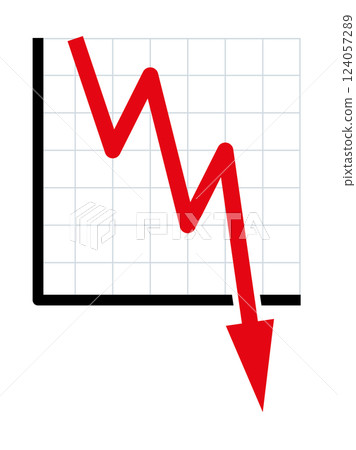 Downward trend, symbolic chart for falling prices. Decreasing red line of a diagram falls with fluctuations into the bottomless, indicating sudden heavy losses, bursting bubbles and downward movement. 124057289