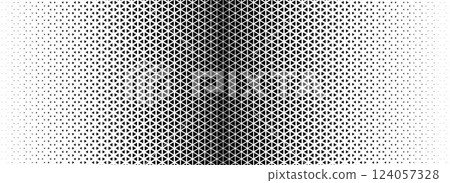 Triangle halftone gradient texture. Geometric triangular tech pattern background. Black abstract vanishing gradation wallpaper. Vector fading mosaic pop art backdrop for poster, banner, booklet 124057328
