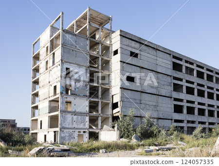 old USSR factory exterior, industry building is in a state of disrepair 124057335