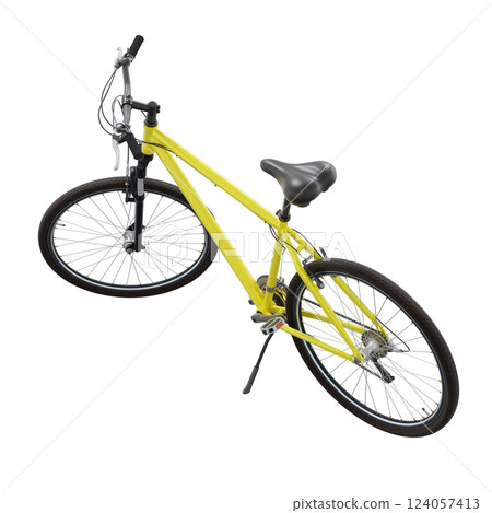 Yellow bicycle standing on kickstand Yellow bicycle standing on kickstand 124057413