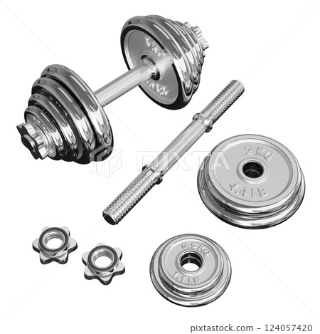 Chrome Adjustable Dumbbell and one taken apart. Rod handle, weight plates, locks 124057420