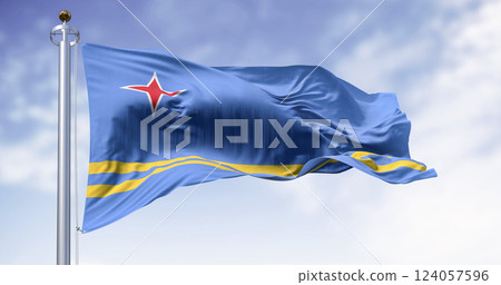 Aruba national flag waving on flagpole under clear blue sky outdoors 124057596