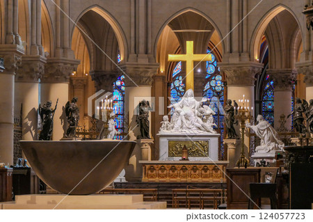 France, Notre Dame de Paris, In the choir, the new bronze baptistery by Guillaume Bardet and the Pieta 124057723