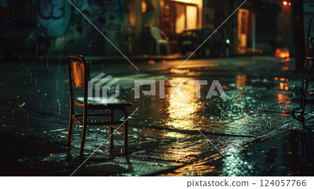 Lonely Chair in the Rain on a Dimly Lit Urban Street 124057766